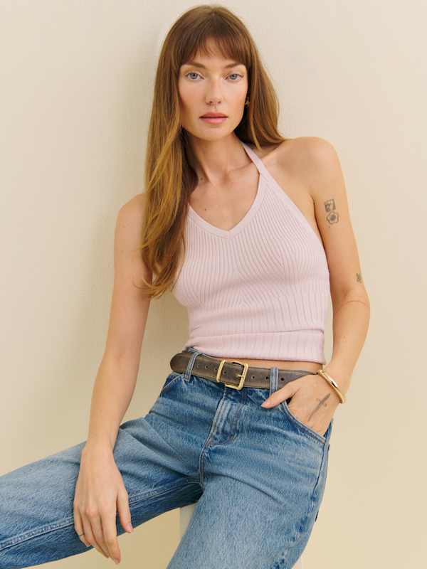 Delia Ribbed Halter Top - Cherry Blossom